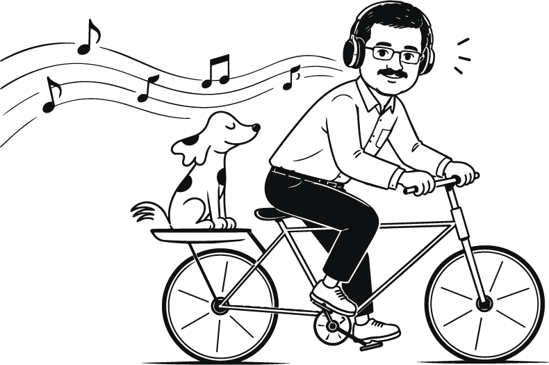 Line illustration of Dr. Anurag Mishra cycling with his dog