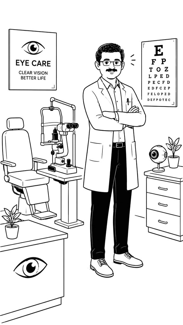 Line illustration of Dr. Mishra in his clinic