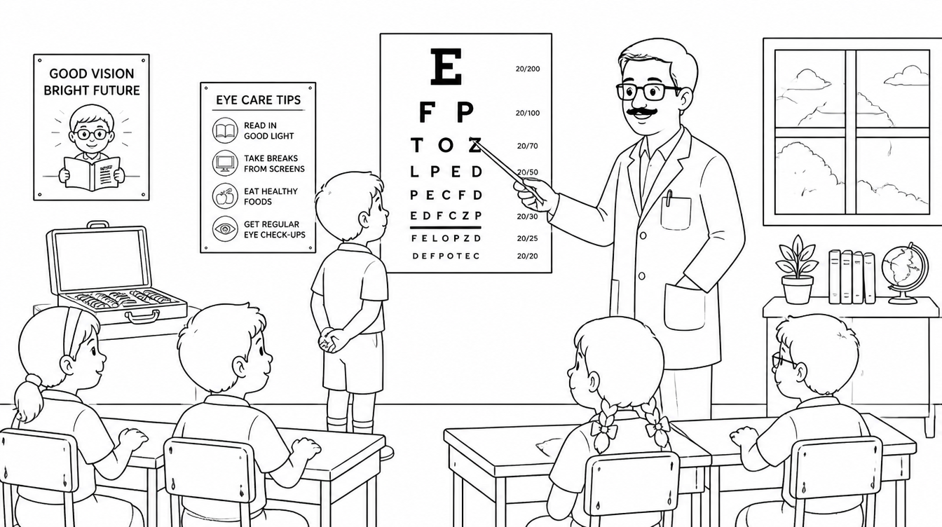 Line illustration of a school vision screening in a classroom