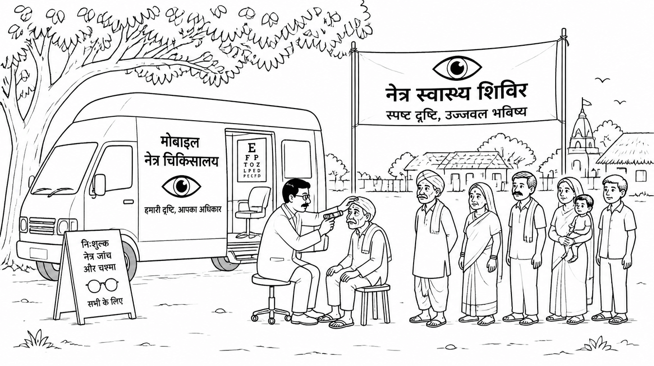 Line illustration of a rural eye-care outreach camp